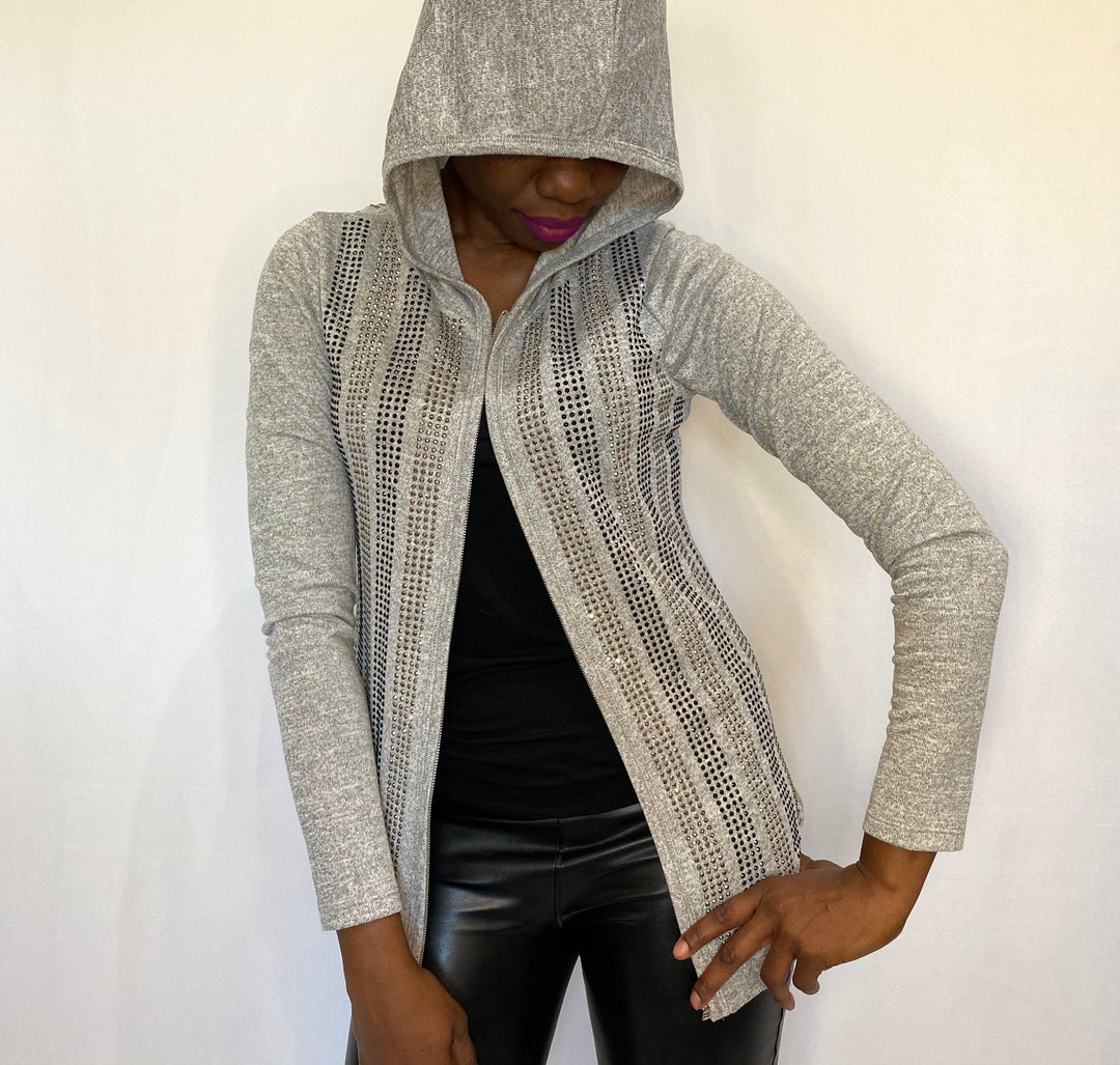 Long Sleeve Knit Hoodie With Stones