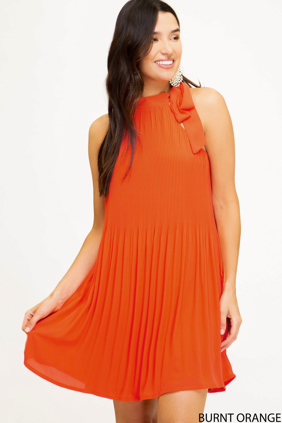 Pleated Woven Halter Neck Dress With Neck Tie