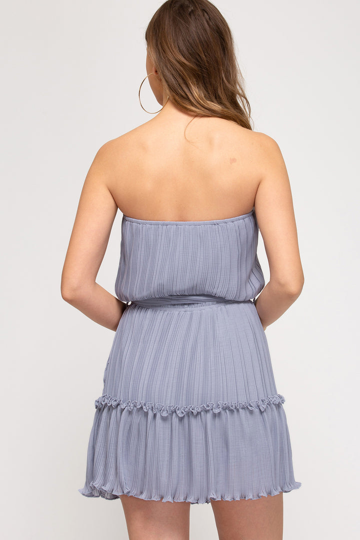 Pleated Woven Strapless Dress With Waist Sash