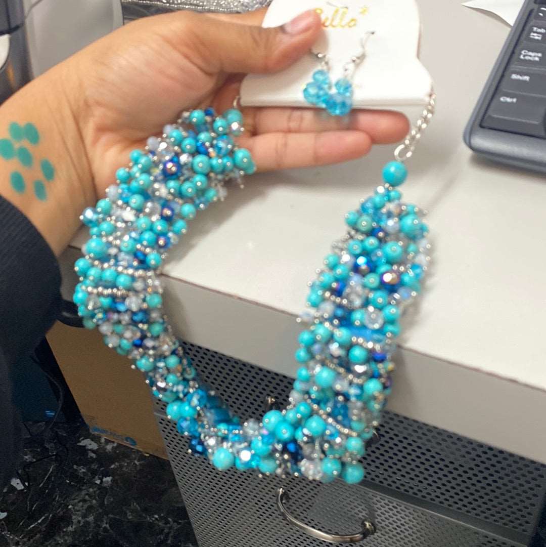 Blue Crystal beads necklace with earrings
