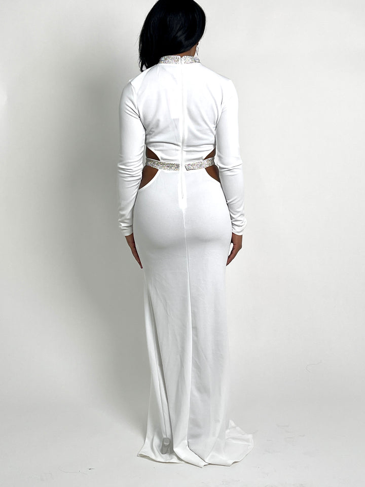 White Rhinestone Trim Maxi Dress