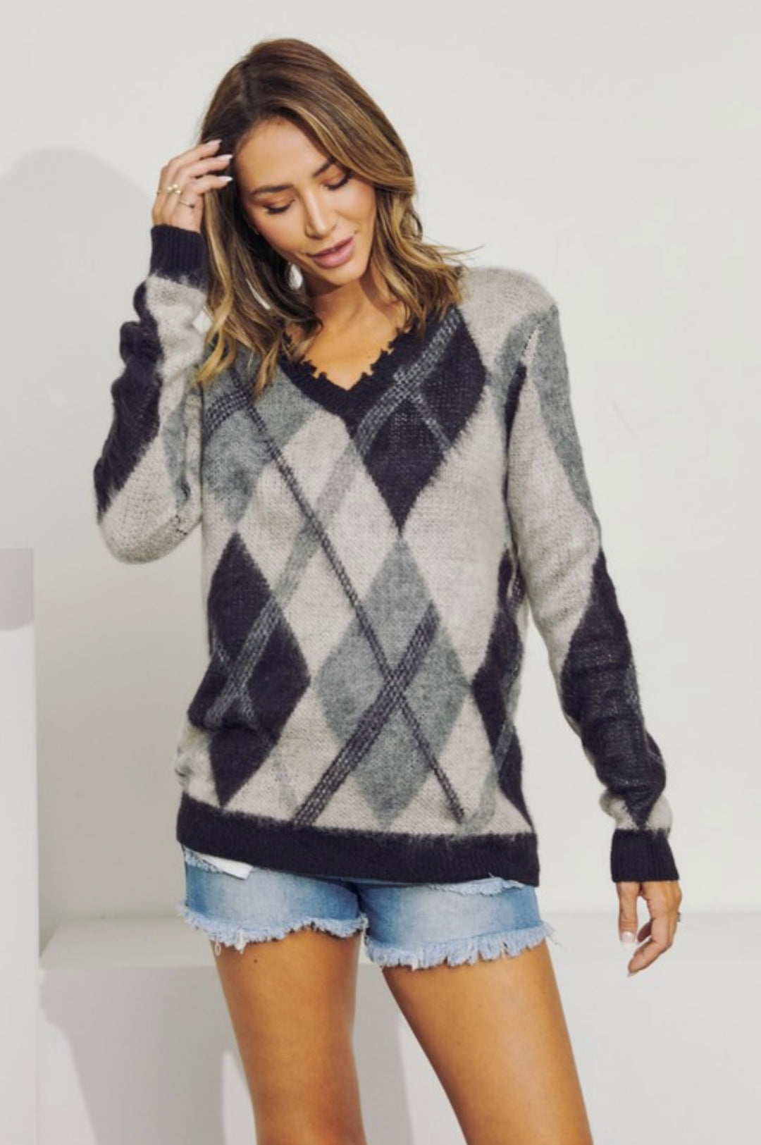 Grey Argyle Pattern Sweater