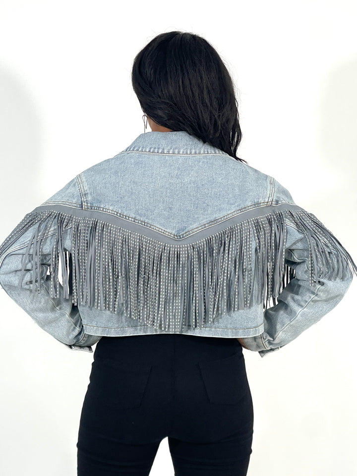 Denim Fringed Cropped Jacket