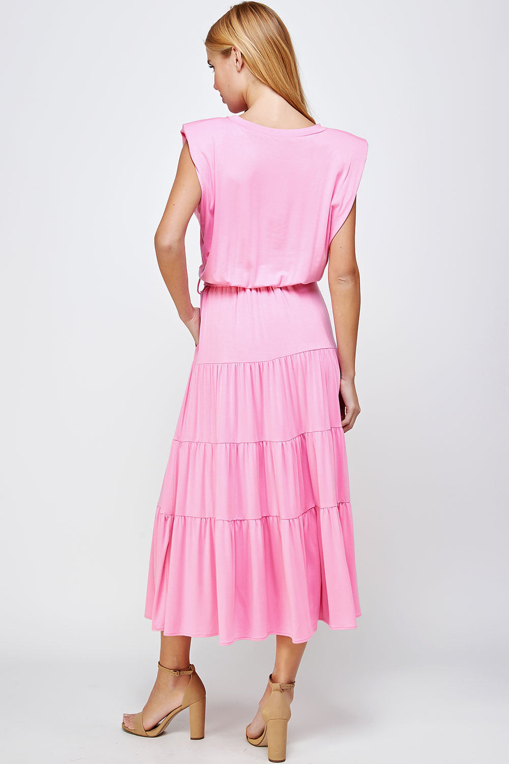 Padded Shoulder Jersey Midi Dress