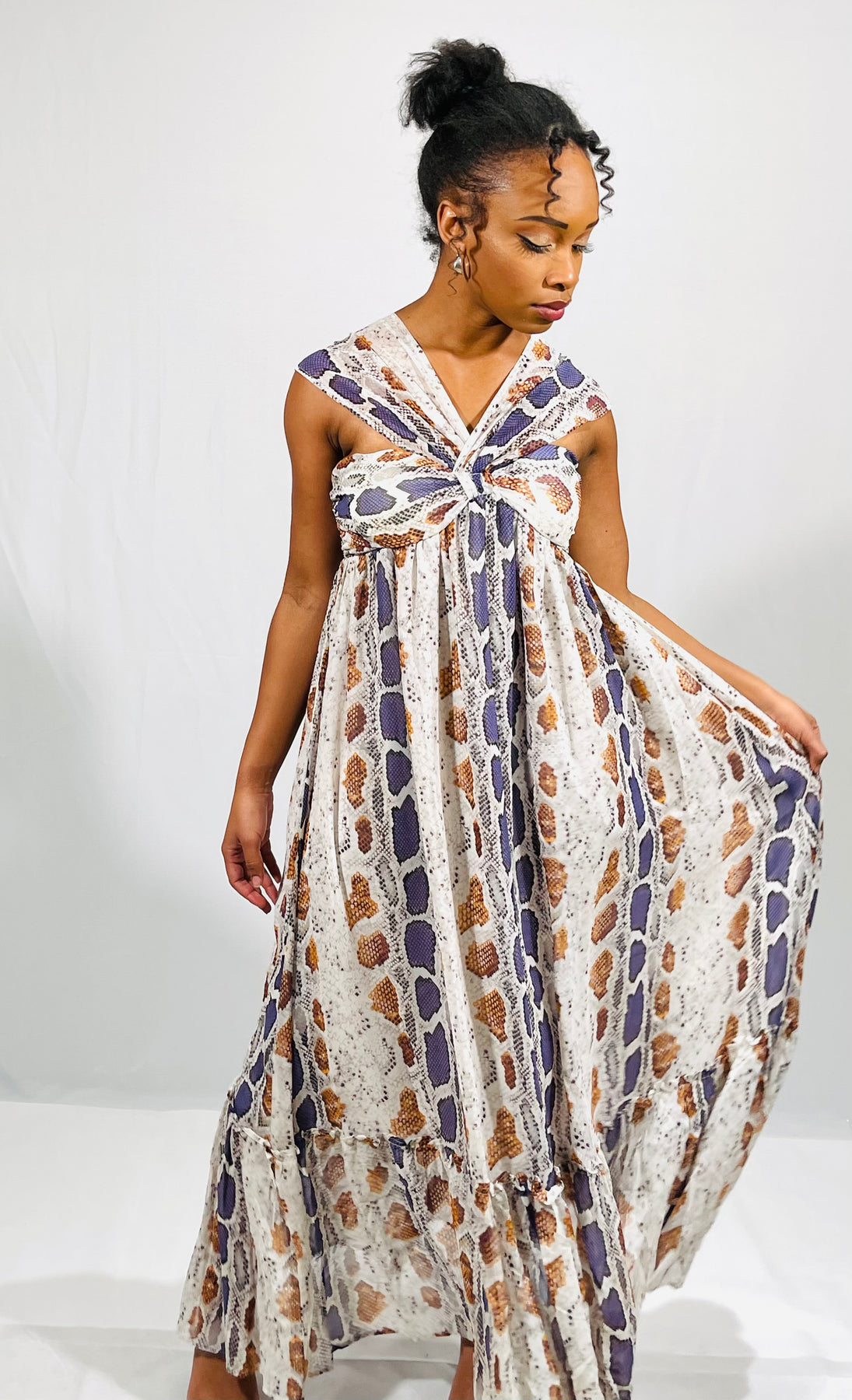 snakeskin halter dress SHEIN Unity Beige Summer Chic Vacation Holiday Elegant Figure-Flattering Oblique Shoulder Halter Neck Snake Animal Print Leopard Slim Fit Bodycon Maxi Dress