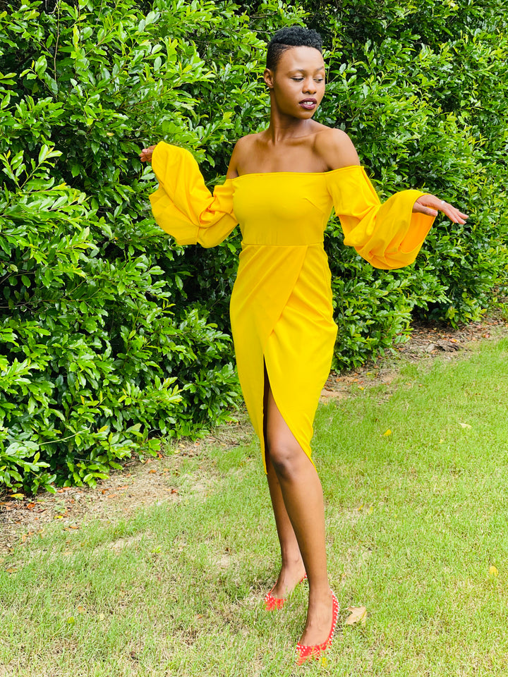 Sassyn Yellow Off Shoulder Backless Dress