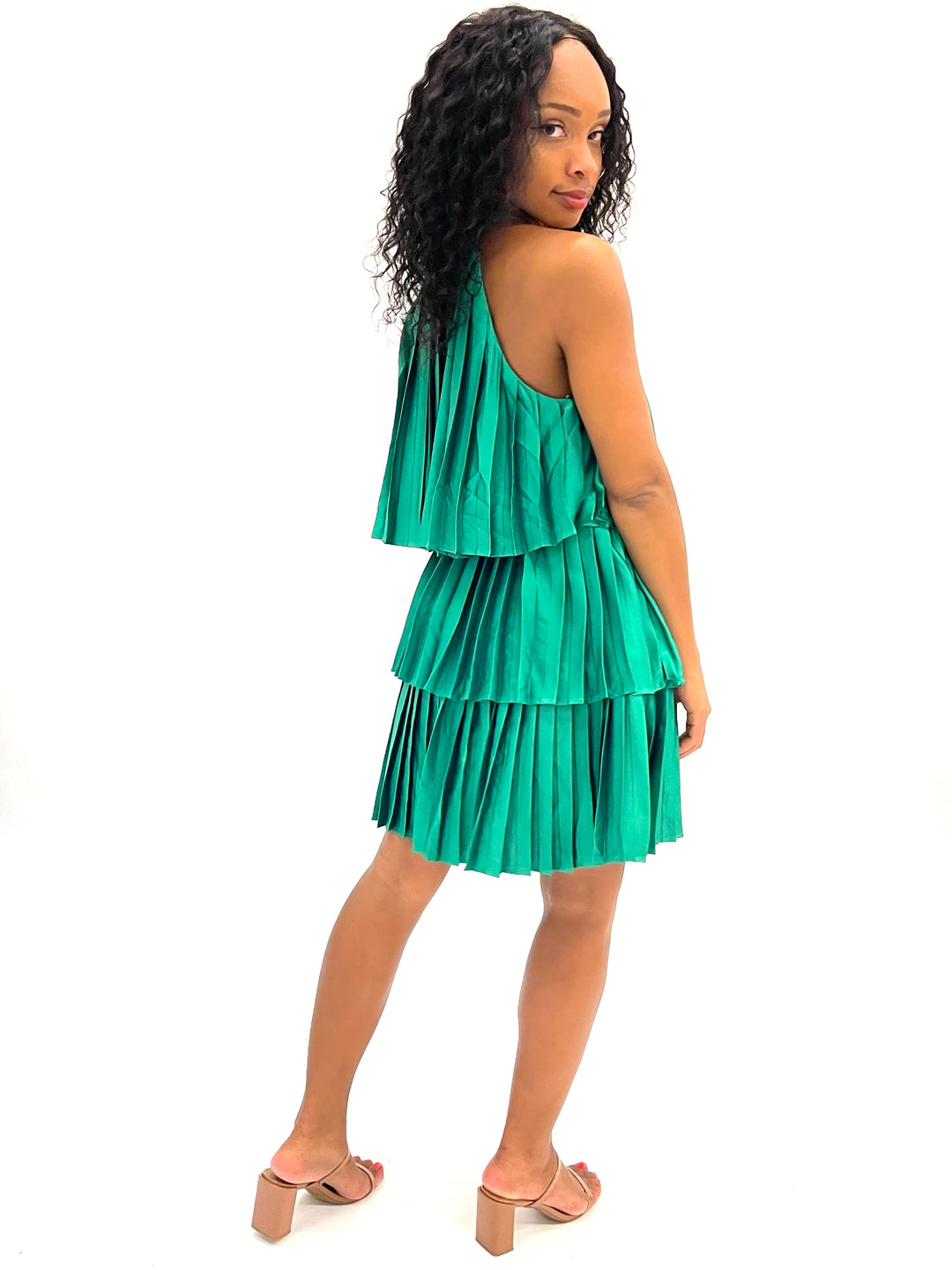 Emerald Satin Tiered Dress