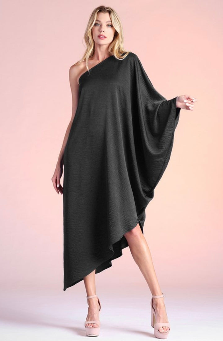 Black Satin Single Sleeve Mini Dress