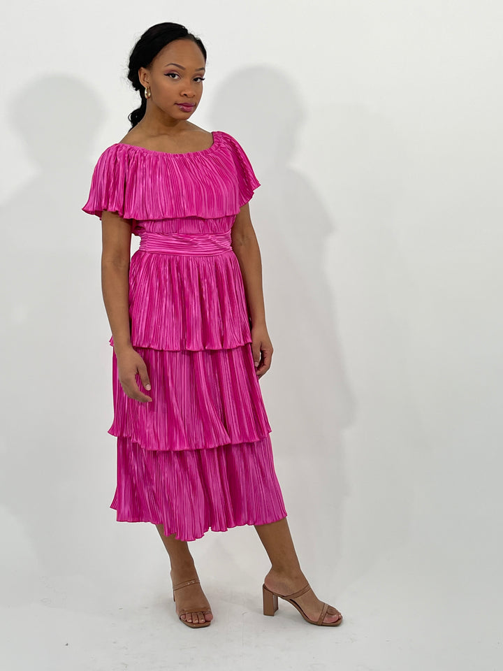 Fuchsia Ruffled Short Sleeve Dress