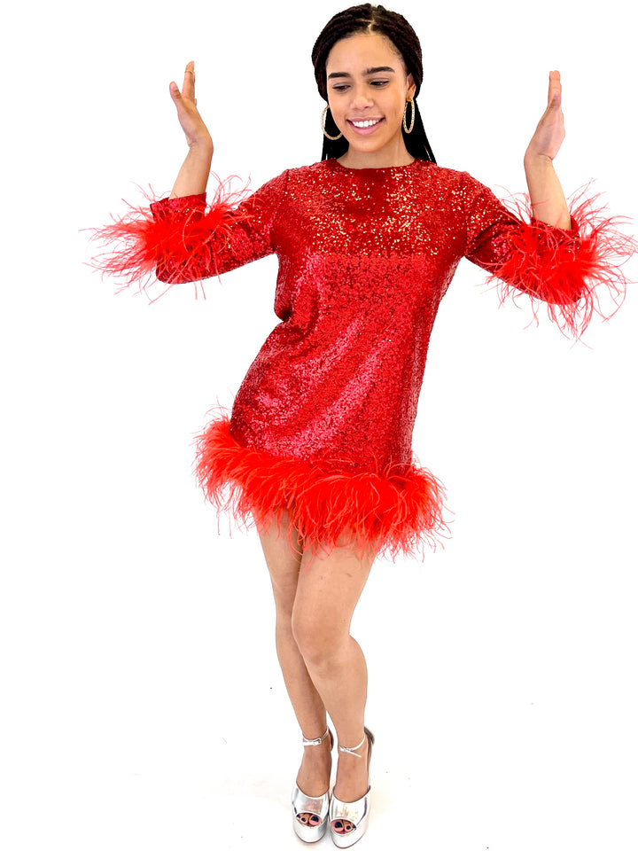 Red Sequin Feather End Dress