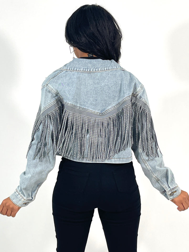 Denim Fringed Cropped Jacket