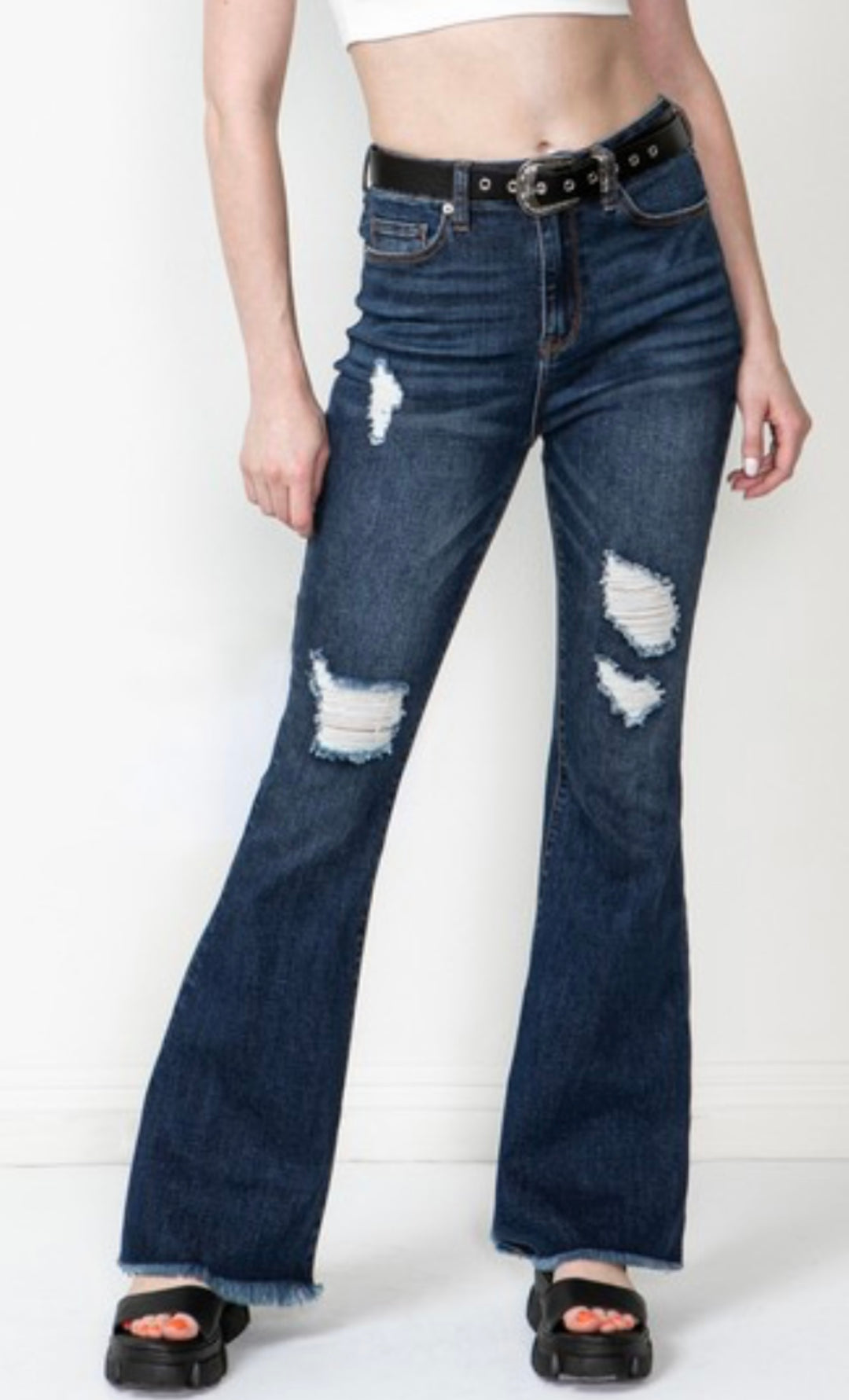 Ripped Dark Blue-Hi Rise Jeans With Belt