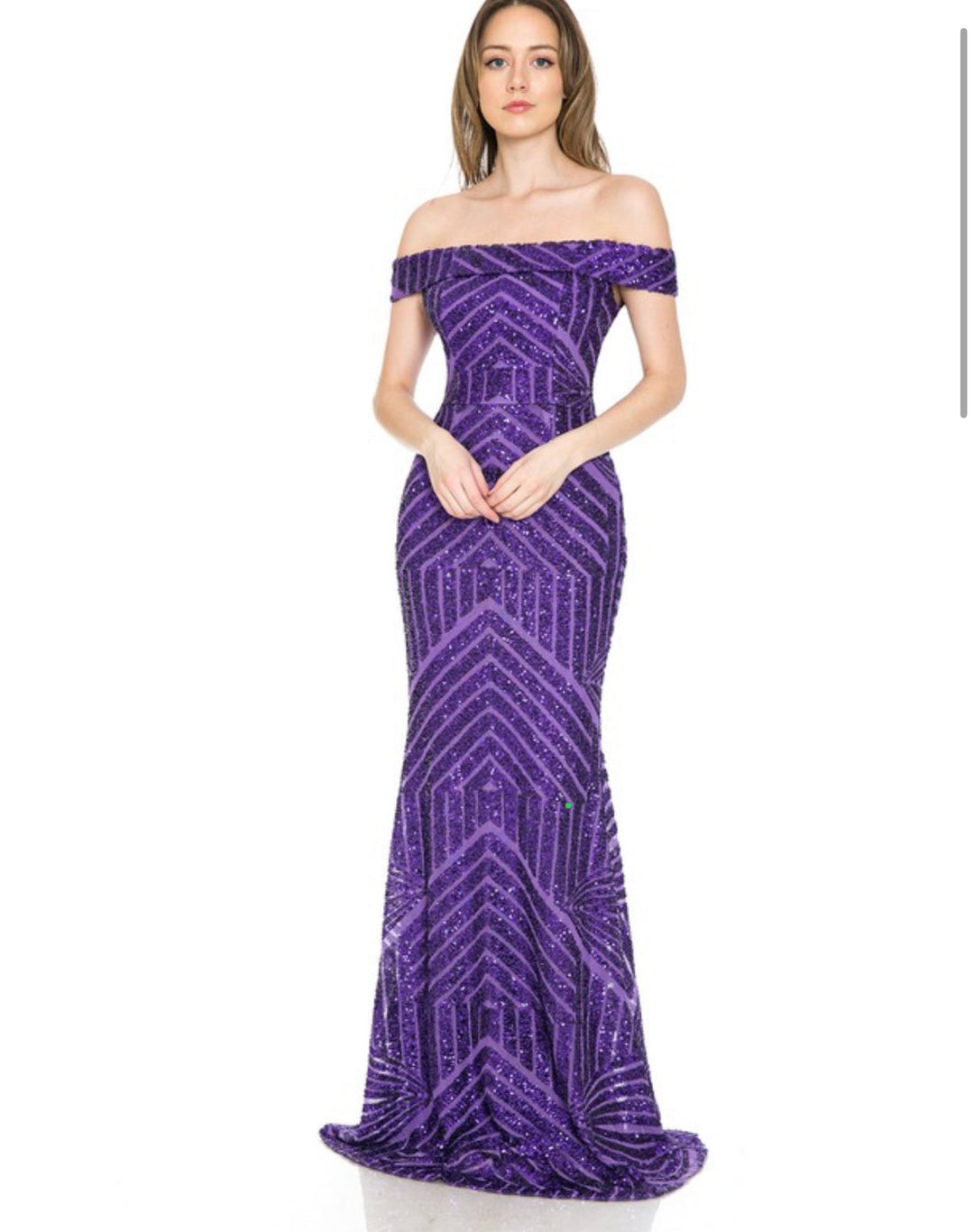 Purple Sequined Off Shoulder  Long Dress