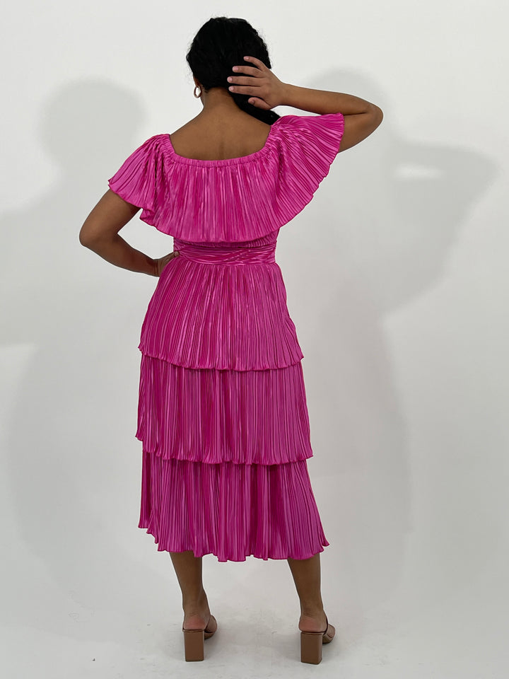 Fuchsia Ruffled Short Sleeve Dress