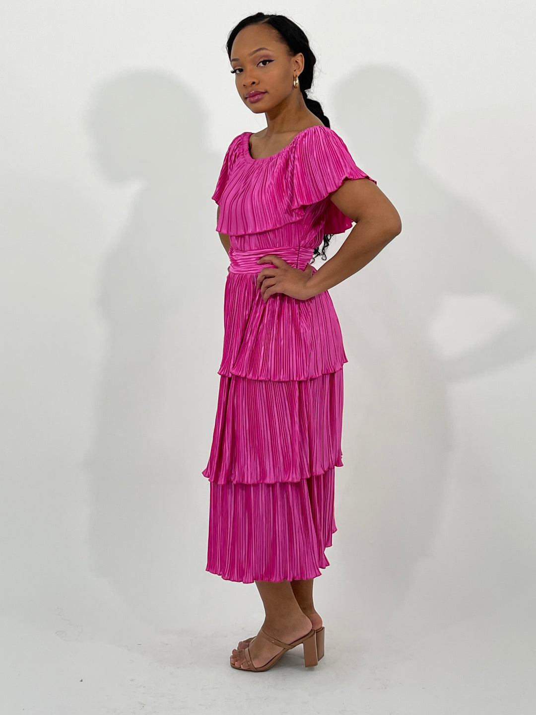 Fuchsia Ruffled Short Sleeve Dress