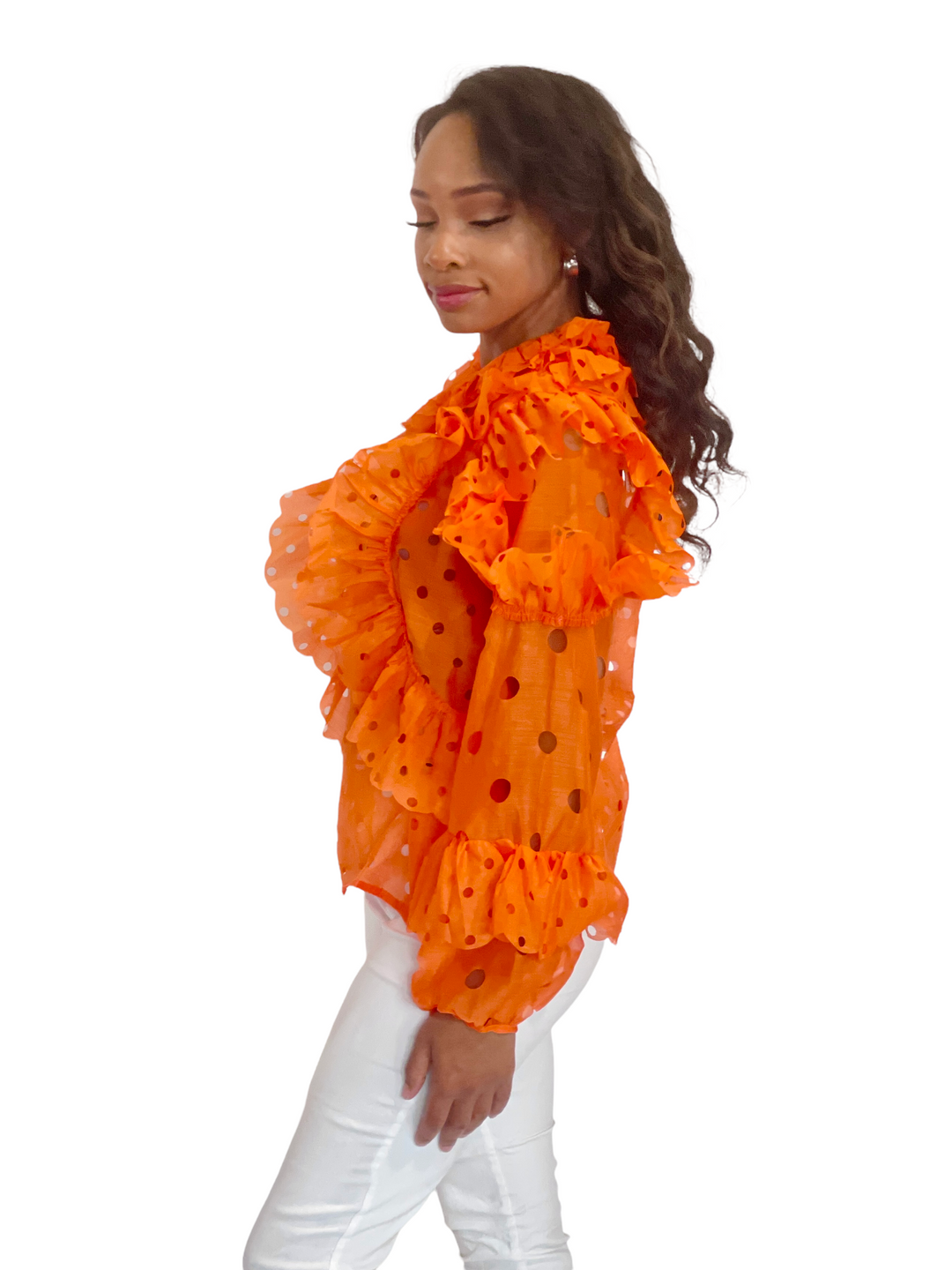 Sassyn Orange Long Sleeve Ruffle Blouse