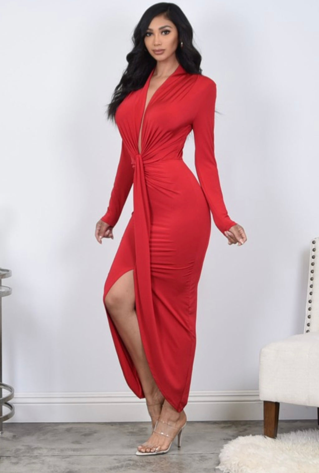 Red Bodycon Rutched Dress