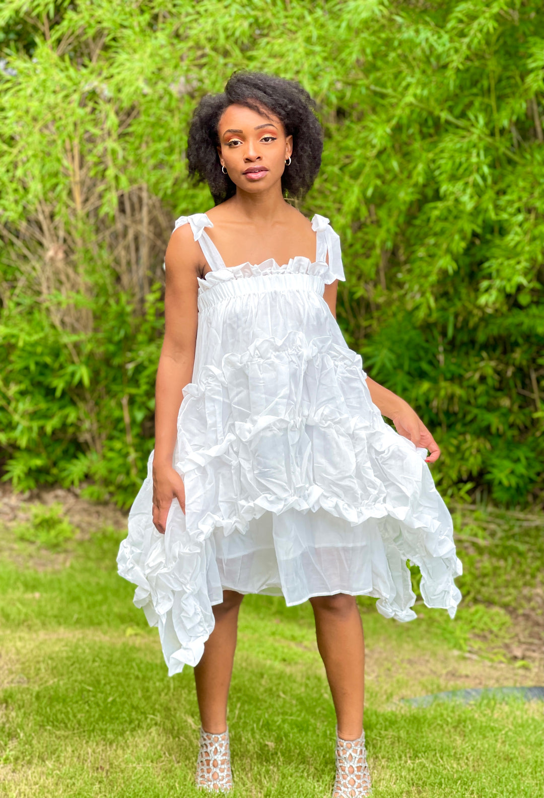 Sassyn White Irregular Ruffle Dress