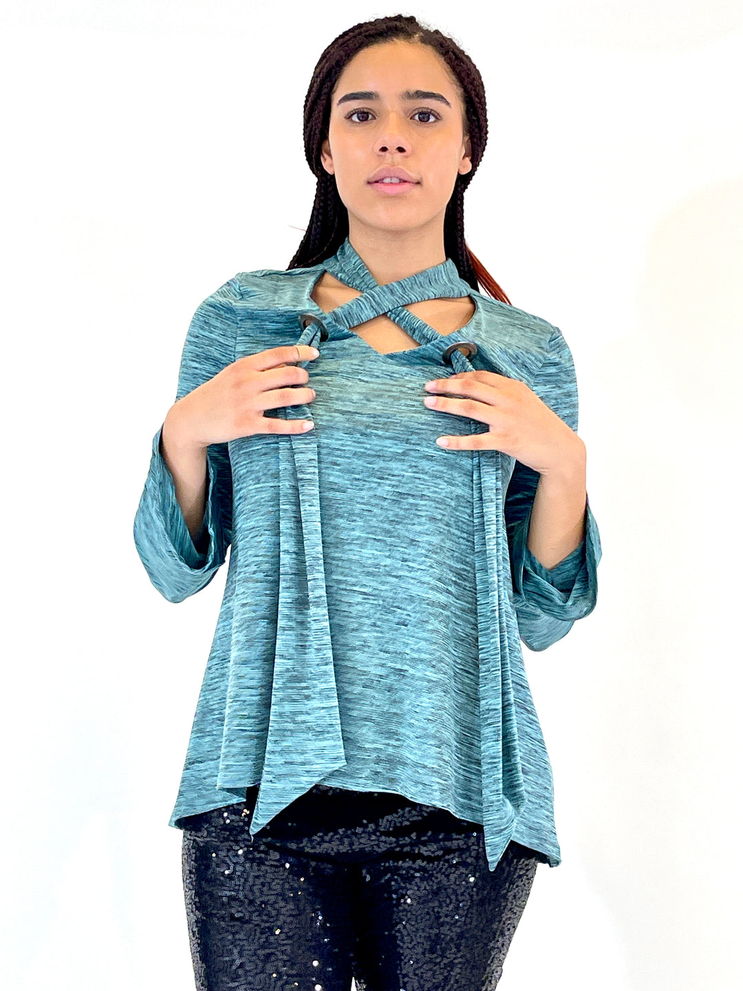 Green Blue Long Sleeve Top With Tie Details